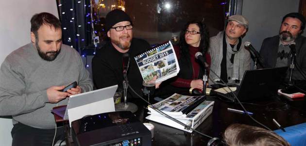 City councillors Rino Bortolin, left, and Chris Holt where joined by political panelists Pat Papadeas, Don Merrifield Jr., Kieran McKenzie, right, to discuss City of Windsor budget during CJAM Rose City Politics broadcast at Phog Lounge January 14, 2015. About 50 area residents joined in the discussion and broadcast at the University Street West watering hole. Paul Synnott was also part of the panel and broadcast. "This is our roadmap" said Holt about city's lengthy budget. (NICK BRANCACCIO/The Windsor Star)
