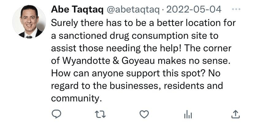 Abe Taqtaq tweet about Safe Consumption Site